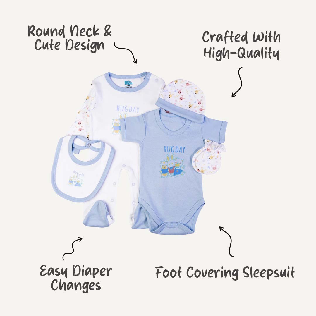 5pc Cotton Set - Bib, Romper, Mittens, Cap, Sleepsuit -  Hug Day - Sky Blue