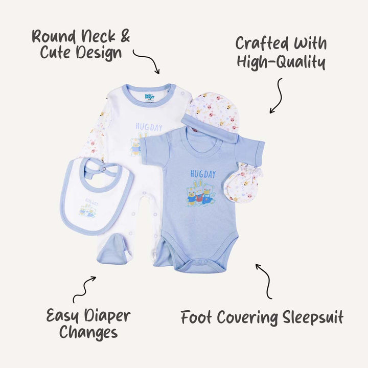 5pc Cotton Set - Bib, Romper, Mittens, Cap, Sleepsuit -  Hug Day - Sky Blue