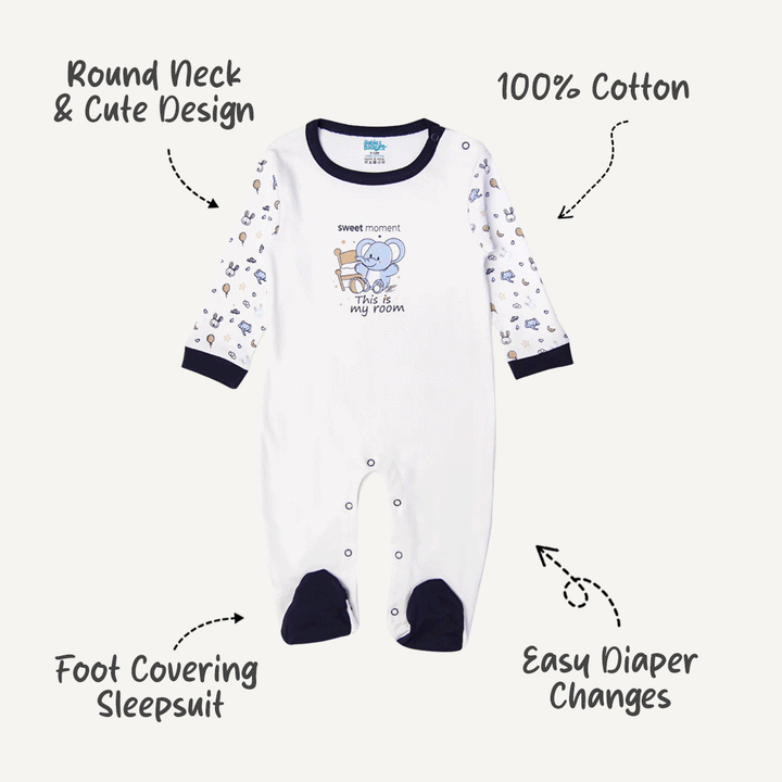Babies Basic - Printed Cotton Long Sleeves Sleepsuit/Romper -White/Blue