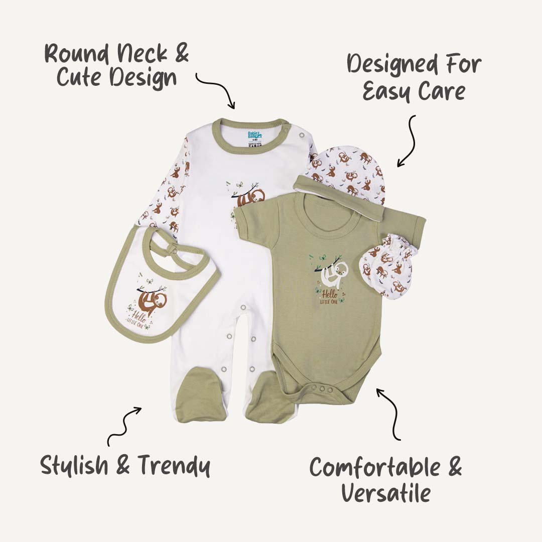 5pc Cotton Set - Bib, Romper, Mittens, Cap, Sleepsuit -  Hello Little One - Green