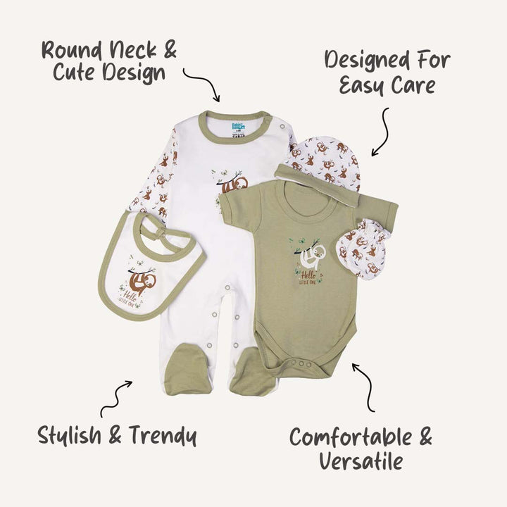 5pc Cotton Set - Bib, Romper, Mittens, Cap, Sleepsuit -  Hello Little One - Green