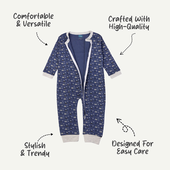 Babies Basic - Printed Cotton Long Sleeves Sleepsuit/Romper -Blue/Cream