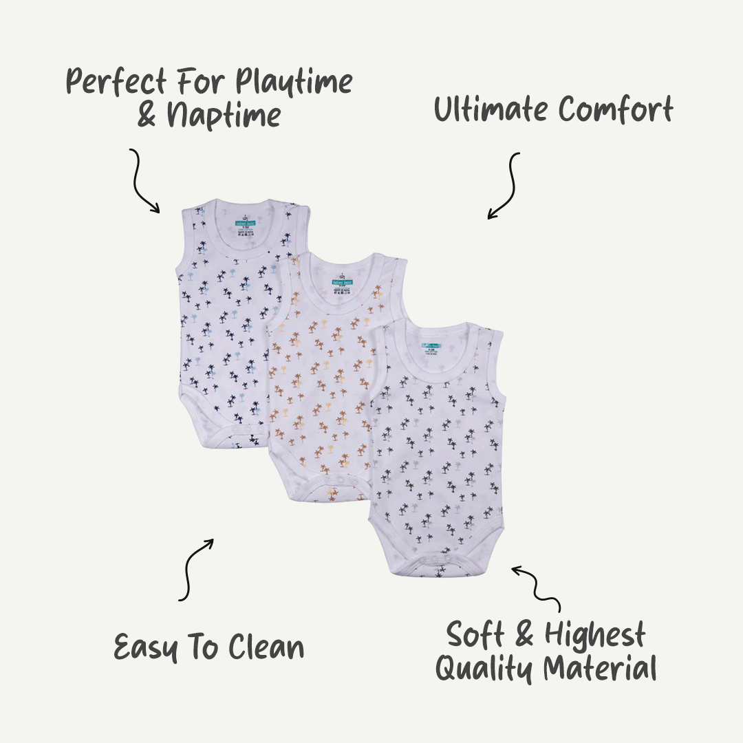 Set of 3 Sleeveless Rompers/Bodysuits - Printed Patterns | Up to 24 Months | 100% Cotton |  For Adorable & Comfortable Baby Wear