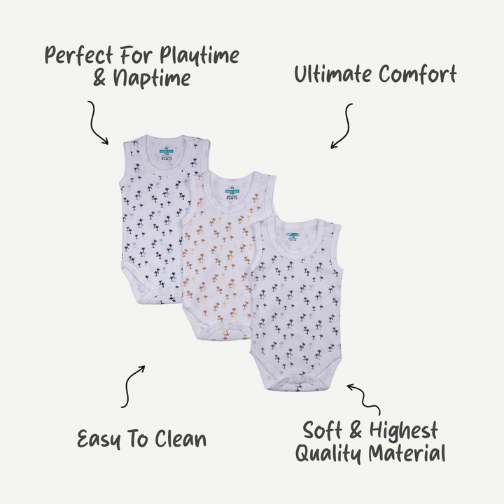 Set of 3 Sleeveless Rompers/Bodysuits - Printed Patterns | Up to 24 Months | 100% Cotton |  For Adorable & Comfortable Baby Wear