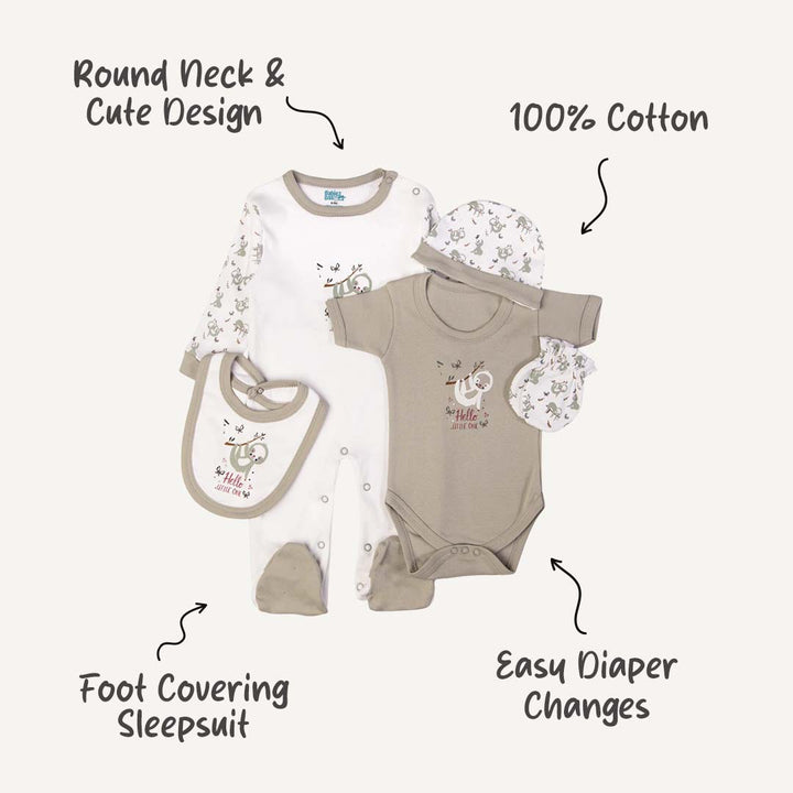 5pc Cotton Set - Bib, Romper, Mittens, Cap, Sleepsuit -  Hello Little One - Grey