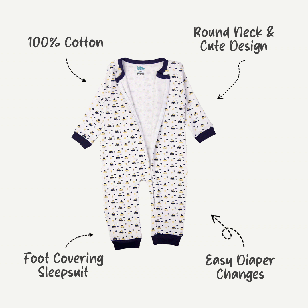 Babies Basic - Printed Cotton Long Sleeves Sleepsuit/Romper - White/Blue