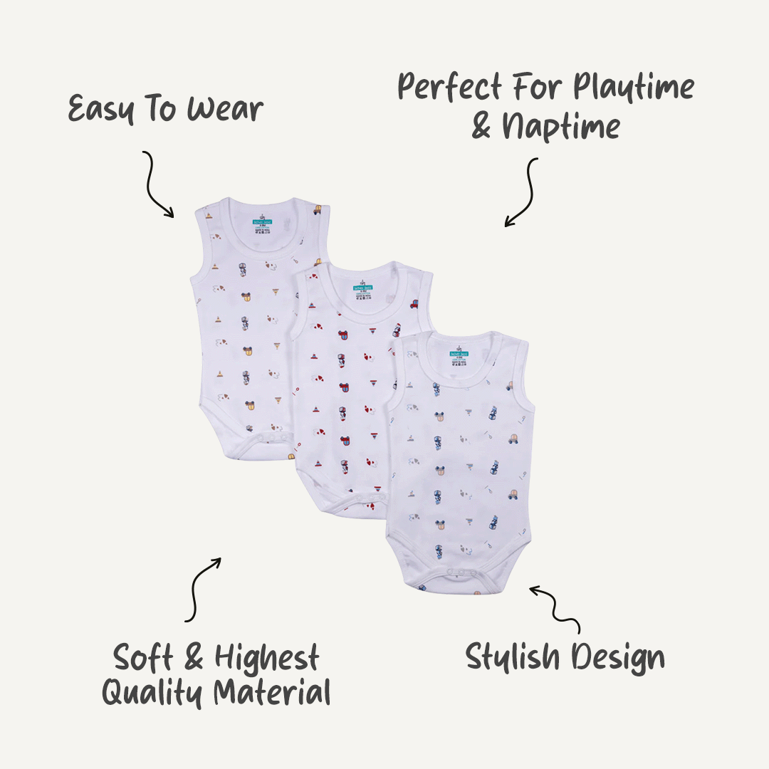 Set of 3 Sleeveless Rompers/Bodysuits - Printed Designs | Up to 24 Months | 100% Cotton |  For Fun & Comfortable Baby Wear