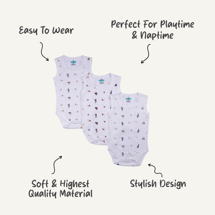 Set of 3 Sleeveless Rompers/Bodysuits - Printed Designs | Up to 24 Months | 100% Cotton |  For Fun & Comfortable Baby Wear