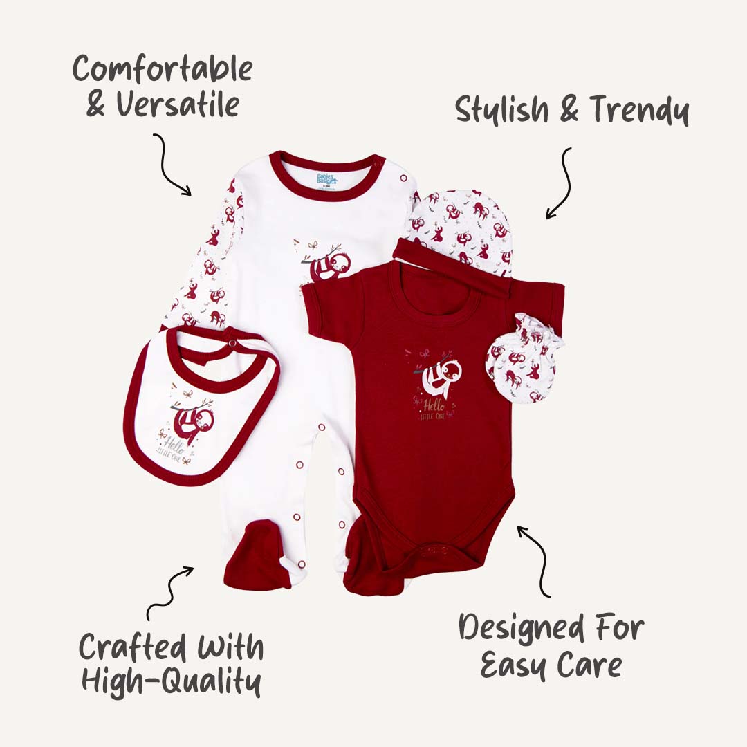 5pc Cotton Set - Bib, Romper, Mittens, Cap, Sleepsuit -  Hello Little One - Red