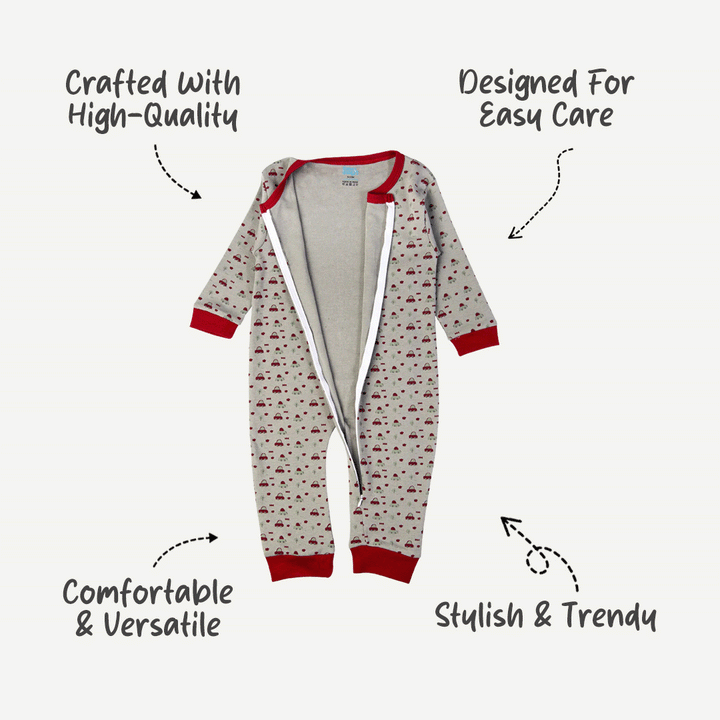 Babies Basic - Printed Cotton Long Sleeves Sleepsuit/Romper - Grey/Red