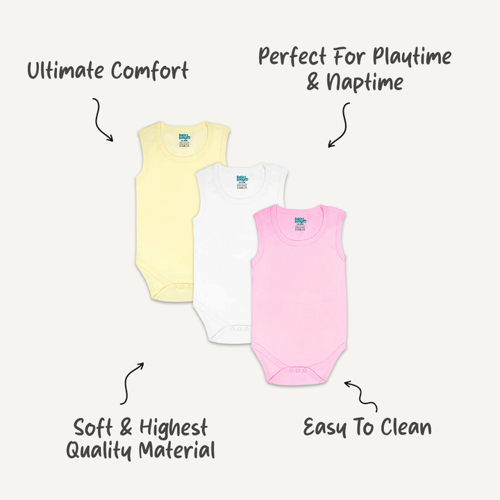 Sleeveless Romper/Bodysuit, Up-to 24 Months. Set Of 3 - Pink, Cream, White