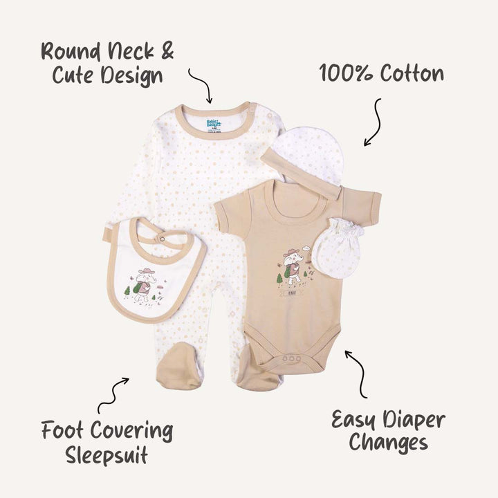 5pc Cotton Set - Bib, Romper, Mittens, Cap, Sleepsuit -  Be Brave - Beige