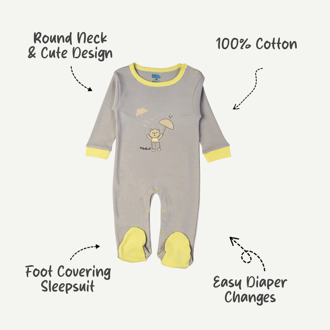 Babies Basic - Printed Cotton Long Sleeves Sleepsuit/Romper - Grey/Yellow