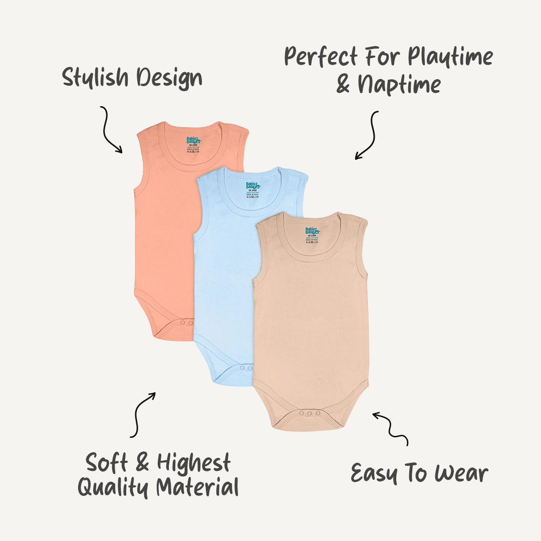 Set of 3 Sleeveless Rompers/Bodysuits (Blue, Camel, Peach) - Up to 24 Months | 100% Cotton |  For Cool & Comfortable Baby Wear