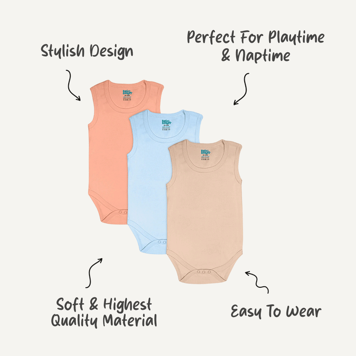 Set of 3 Sleeveless Rompers/Bodysuits (Blue, Camel, Peach) - Up to 24 Months | 100% Cotton |  For Cool & Comfortable Baby Wear