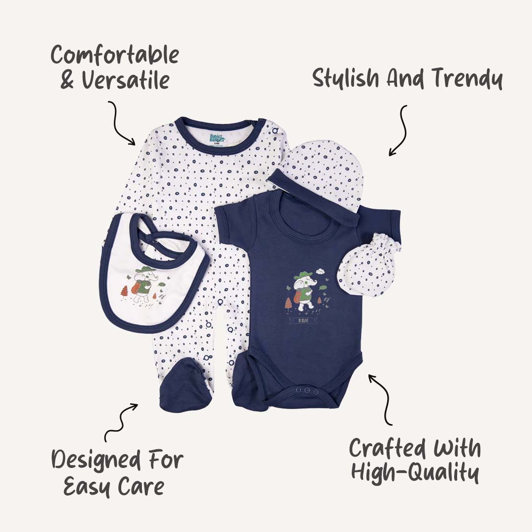 5pc Cotton Set - Bib, Romper, Mittens, Cap, Sleepsuit -  Be Brave - Air Force Blue