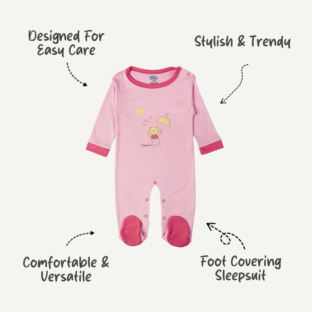 Babies Basic - Printed Cotton Long Sleeves Sleepsuit/Romper - Pink