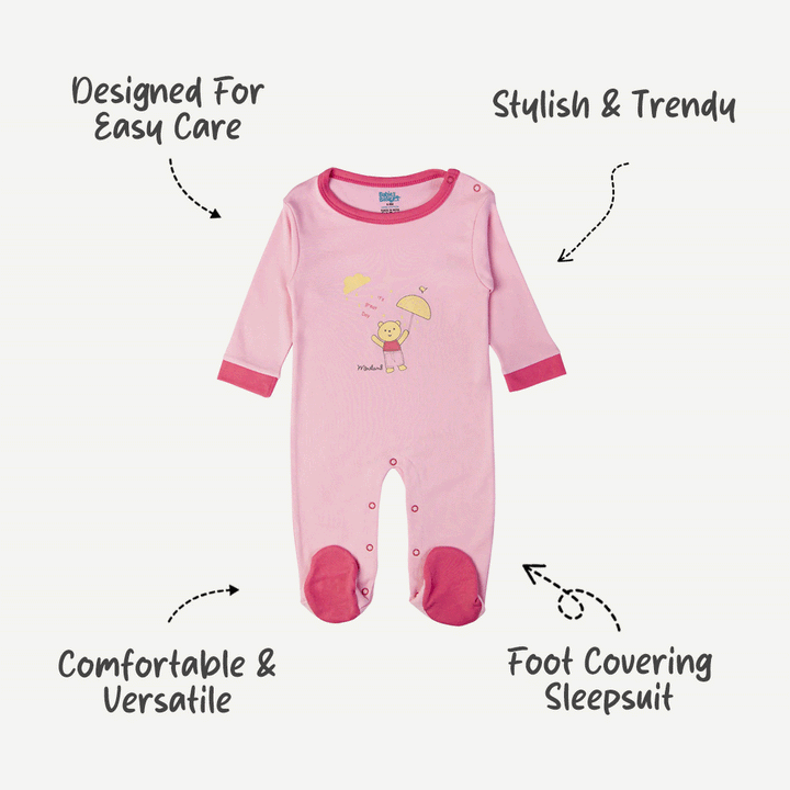 Babies Basic - Printed Cotton Long Sleeves Sleepsuit/Romper - Pink