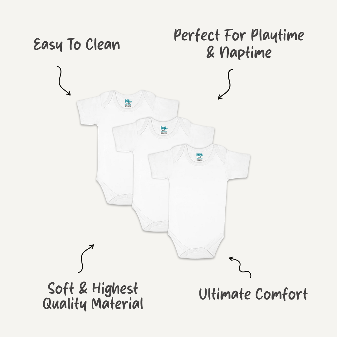 Set of 3 Short Sleeves Rompers/Bodysuits - White | Up to 24 Months | 100% Cotton |  For Classic & Cozy Comfort