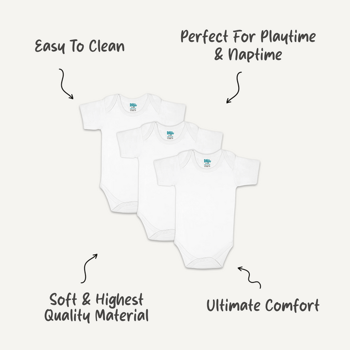 Set of 3 Short Sleeves Rompers/Bodysuits - White | Up to 24 Months | 100% Cotton |  For Classic & Cozy Comfort