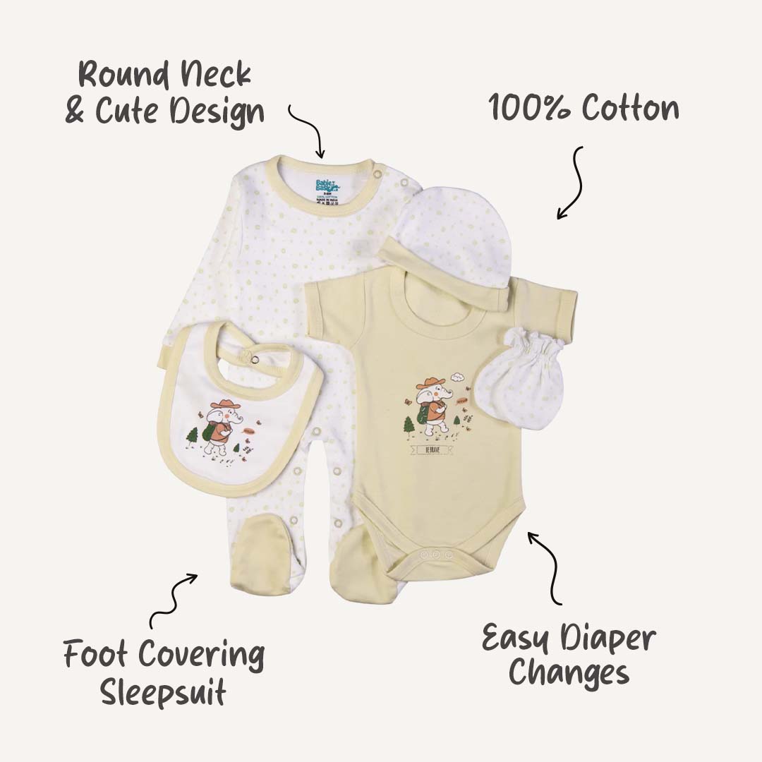 5pc Cotton Set - Bib, Romper, Mittens, Cap, Sleepsuit -  Be Brave - Green