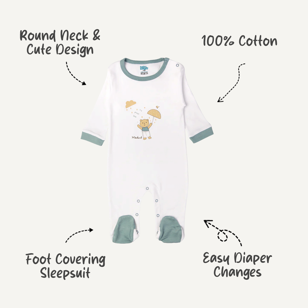 Babies Basic - Printed Cotton Long Sleeves Sleepsuit/Romper - White/Green