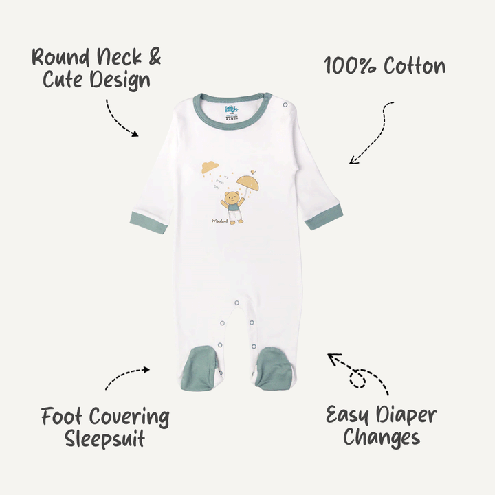 Babies Basic - Printed Cotton Long Sleeves Sleepsuit/Romper - White/Green