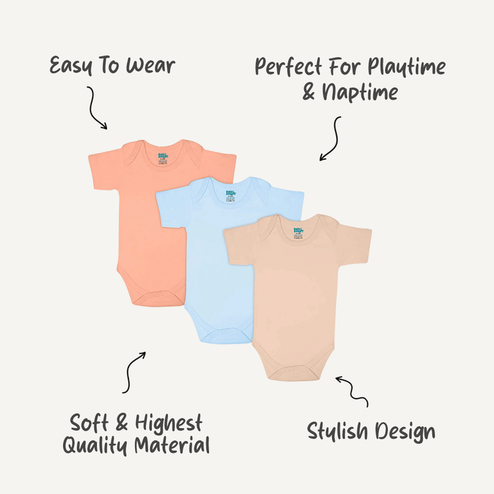 Set of 3 Short Sleeves Rompers/Bodysuits (Blue, Camel, Peach) - Up to 24 Months | 100% Cotton |  For Soft & Stylish Comfort