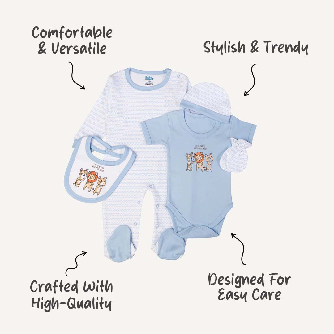 5pc Cotton Set - Bib, Romper, Mittens, Cap, Sleepsuit -  I can Fly - Sky Blue