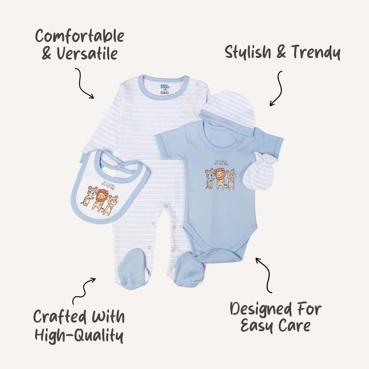 5pc Cotton Set - Bib, Romper, Mittens, Cap, Sleepsuit -  I can Fly - Sky Blue