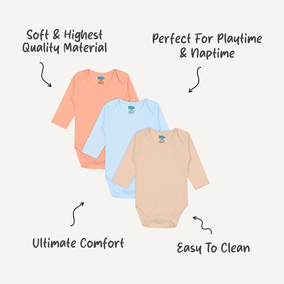 Set of 3 Long Sleeves Rompers/Bodysuits (Blue, Camel, Peach) - Up to 24 Months | 100% Cotton |