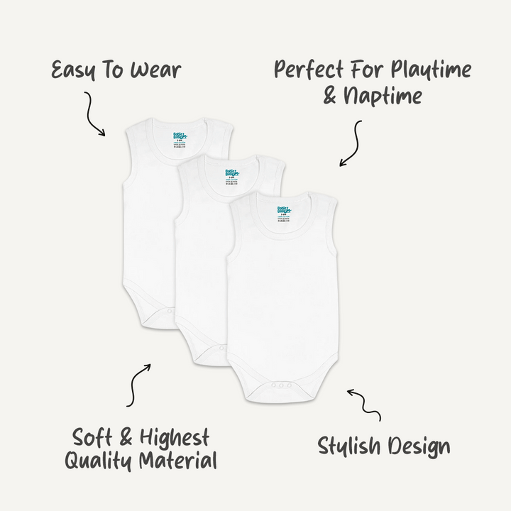 Set of 3 Sleeveless Rompers/Bodysuits - White | Up to 24 Months | 100% Cotton |  For Classic & Comfortable Baby Essentials