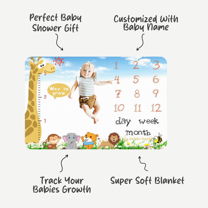 Personalized Milestone Blanket - Giraffe Theme | Bonus - 150cm X150cm Blanket And 1 Frame Set | For First Year