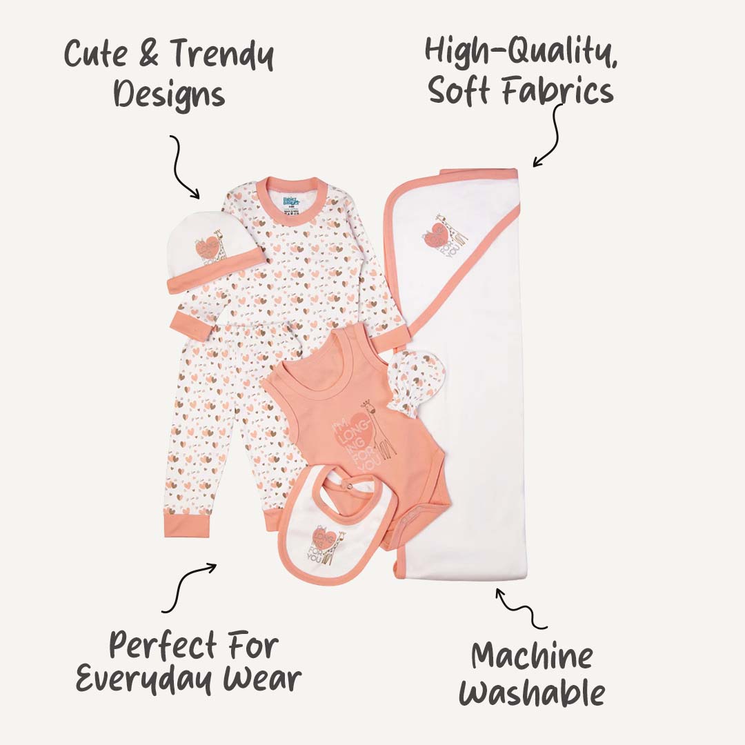 7pc Cotton Set - Bib, Romper, Mittens, Blanket, Cap, Top & Pyjama - Pink