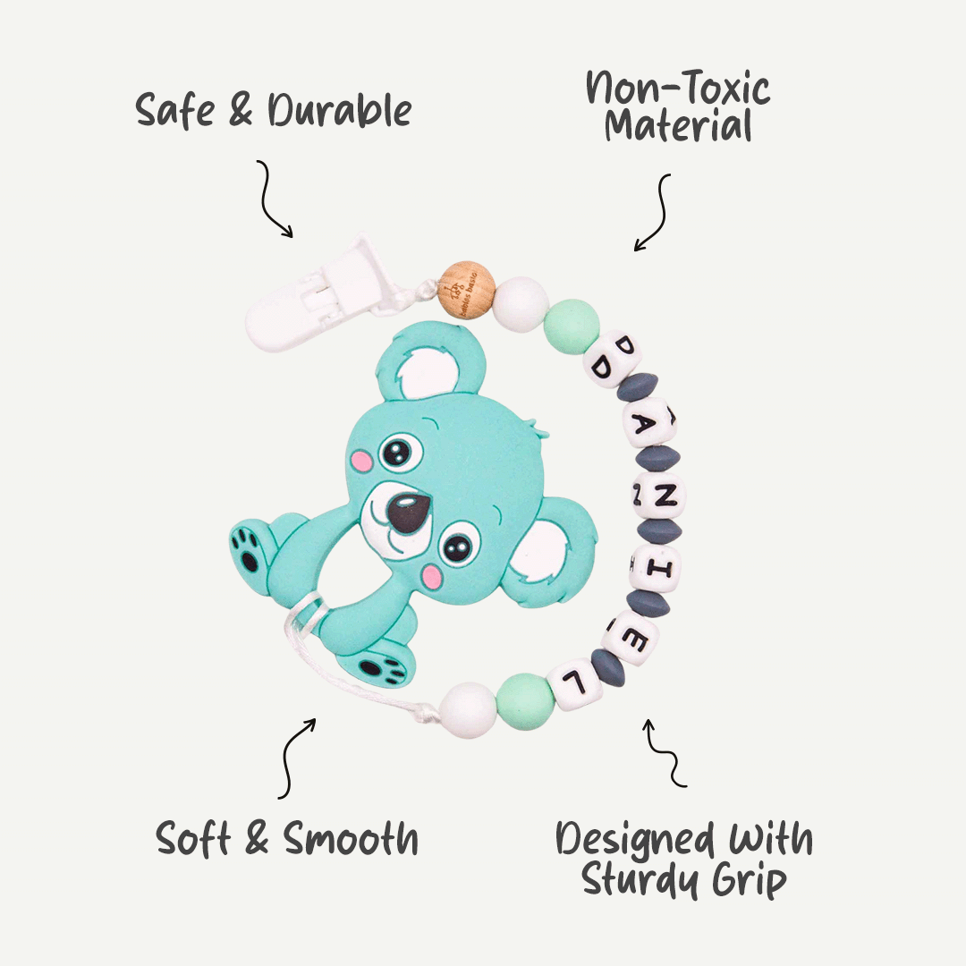 Personalized Pacifier Clip - Calm Blue Cub | Color Variety, Non-Toxic Material