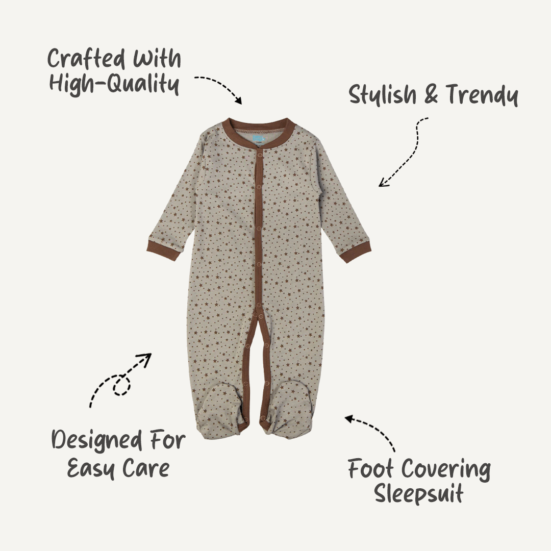 Babies Basic - Printed Cotton Long Sleeves Sleepsuit/Romper - Grey/Brown