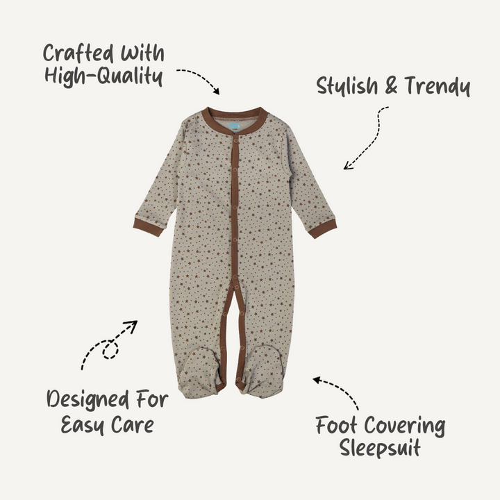 Babies Basic - Printed Cotton Long Sleeves Sleepsuit/Romper - Grey/Brown