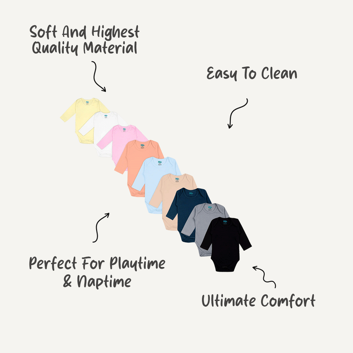 Babies Basic - 9pc-Set - 100% Cotton LongSleeve Bodysuit ‚ Pink, Lemon, White, Brown, Blue, Orange, Black, Navy, Grey