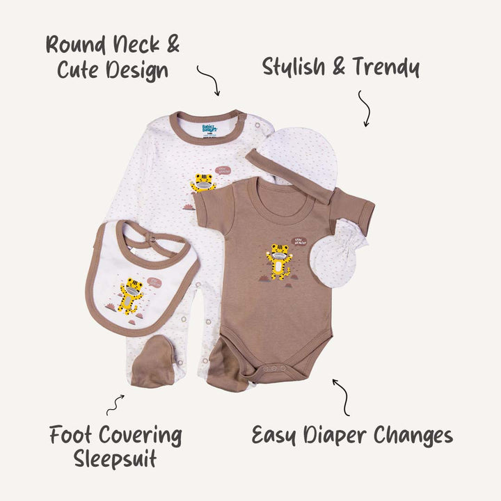 5pc Cotton Set - Bib, Romper, Mittens, Cap, Sleepsuit - Stay Healthy - Grey