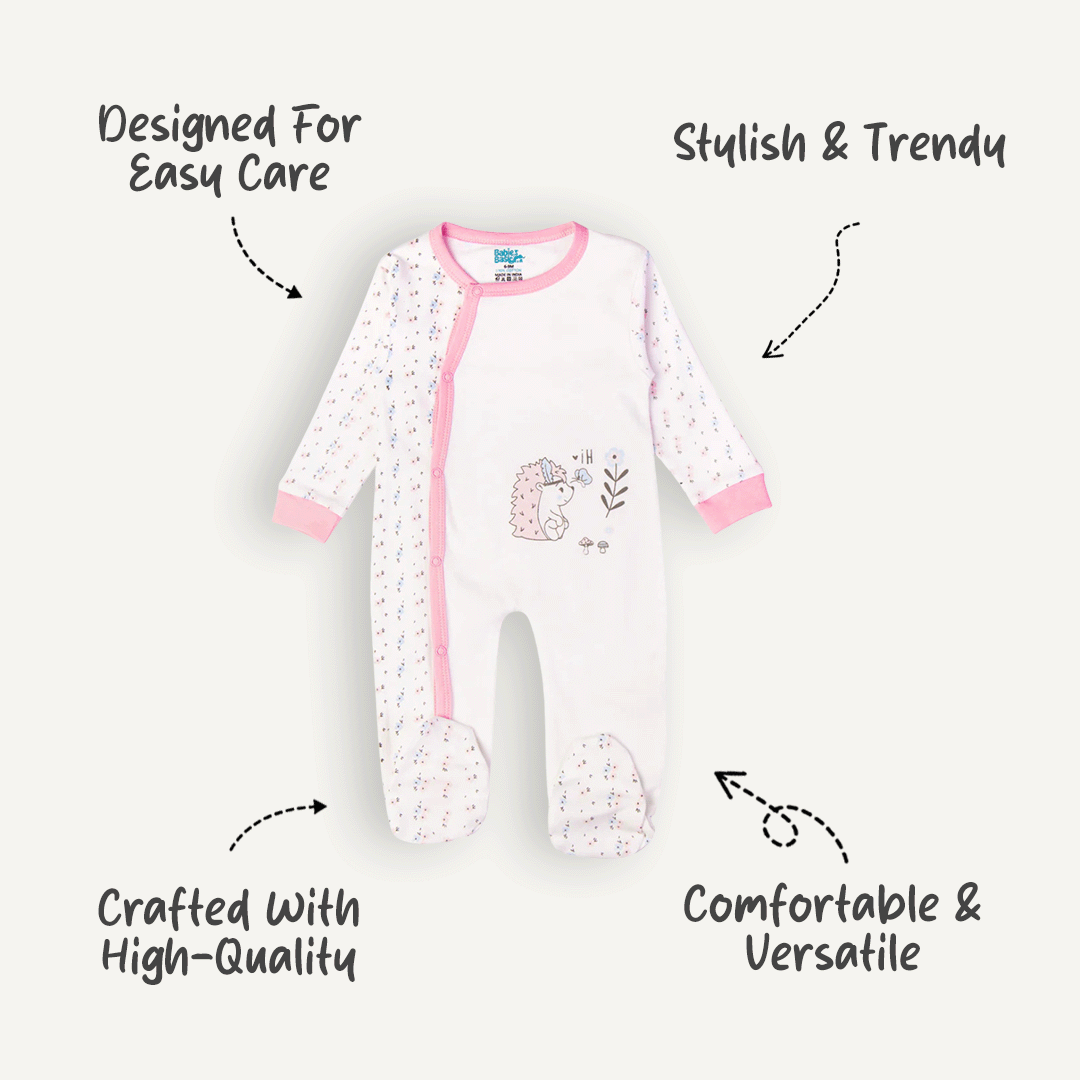 Babies Basic - Printed Cotton Long Sleeves Sleepsuit/Romper - Pink/White