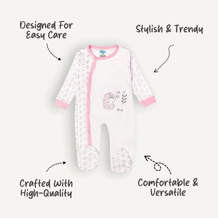 Babies Basic - Printed Cotton Long Sleeves Sleepsuit/Romper - Pink/White