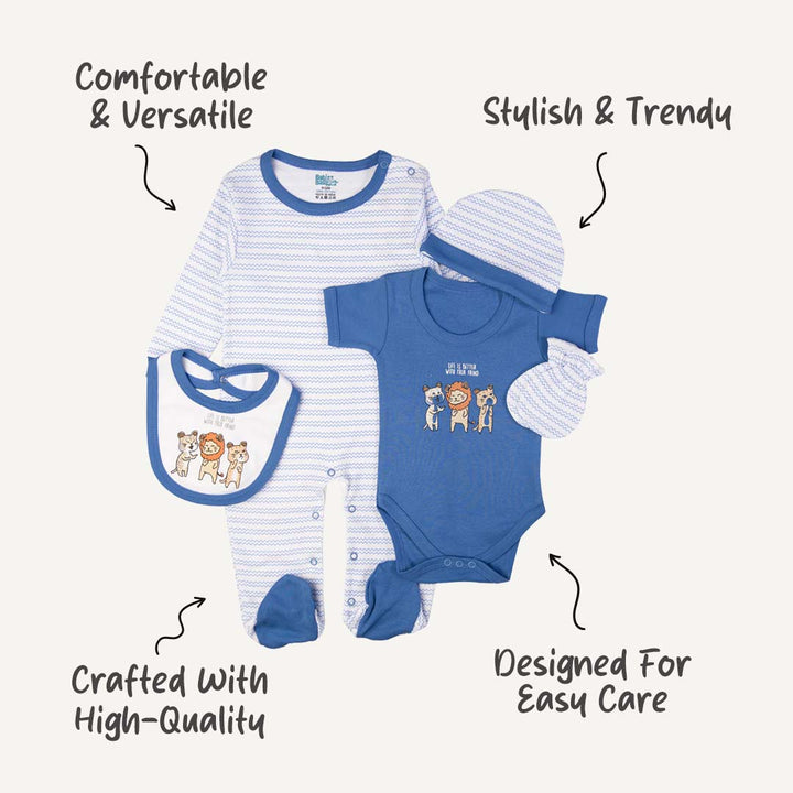 5pc Cotton Set - Bib, Romper, Mittens, Cap, Sleepsuit -  Life is Better - Blue