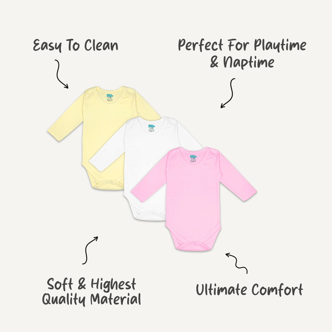 Set of 3 Long Sleeves Rompers/Bodysuits (Pink, Lemon, Cream) - Up to 24 Months | 100% Cotton |