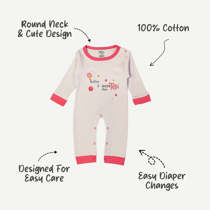 Babies Basic - Printed Cotton Long Sleeves Sleepsuit/Romper - Pink/Cream