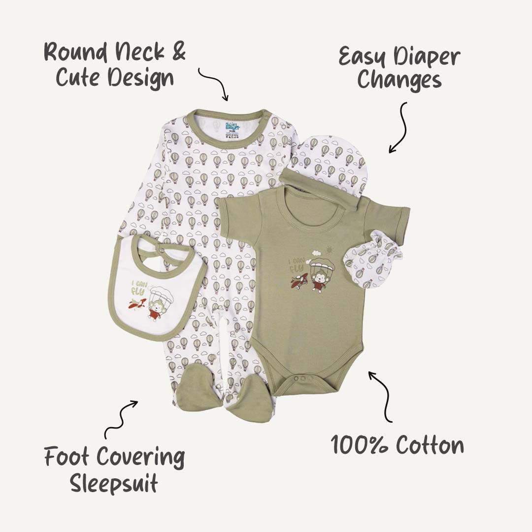 5pc Cotton Set - Bib, Romper, Mittens, Cap, Sleepsuit -  I can Fly - Green