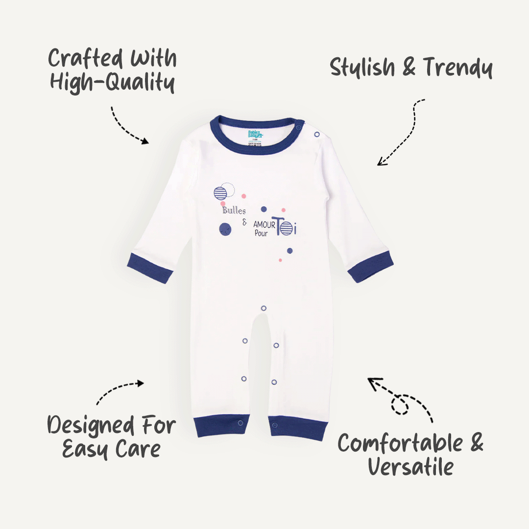 Babies Basic - Printed Cotton Long Sleeves Sleepsuit/Romper - Blue/White