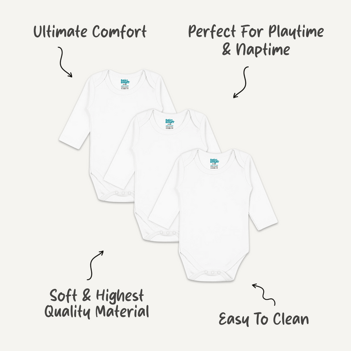 Set of 3 Long Sleeves Rompers/Bodysuits (White) - Up to 24 Months | 100% Cotton |