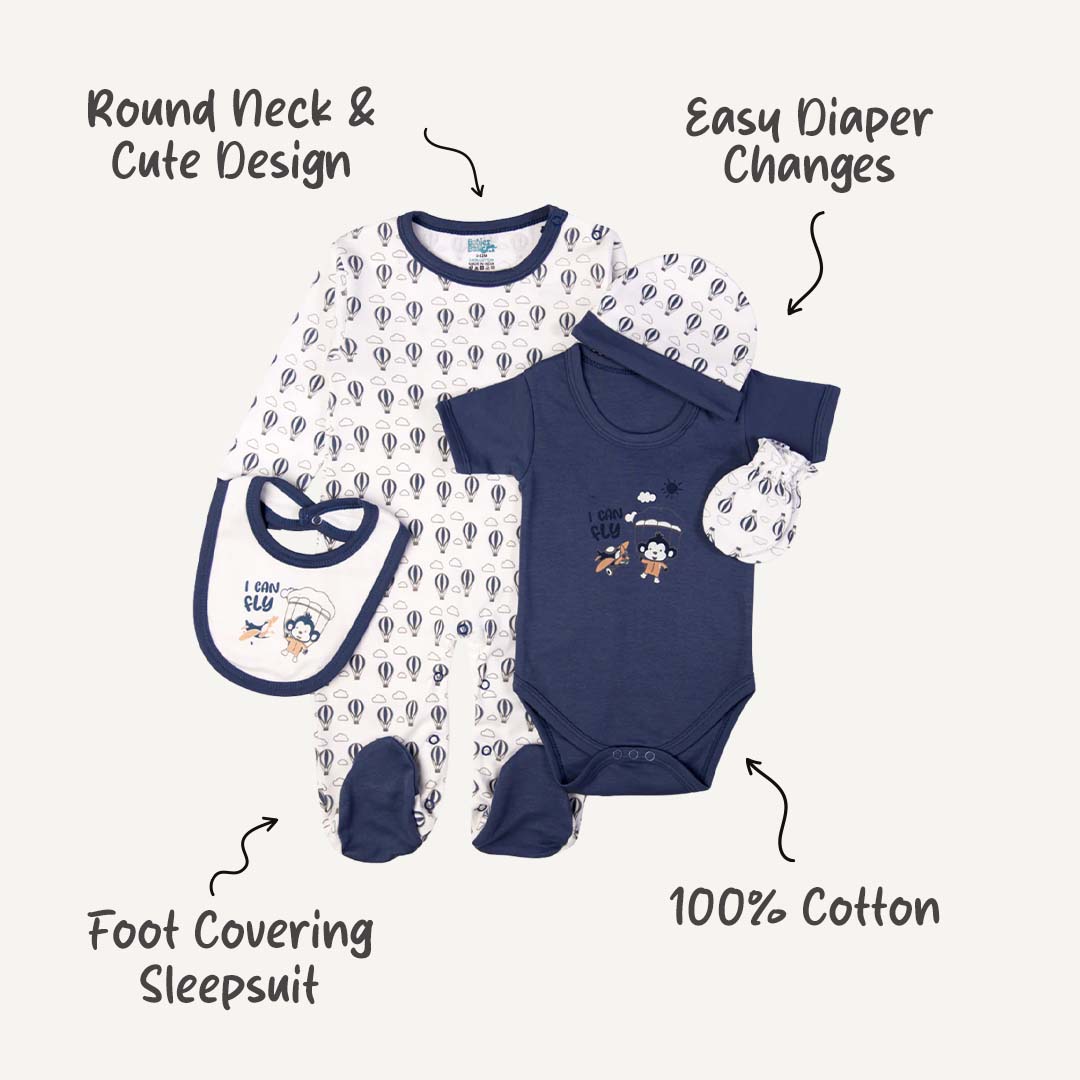5pc Cotton Set - Bib, Romper, Mittens, Cap, Sleepsuit -  I can Fly - Air Force Blue