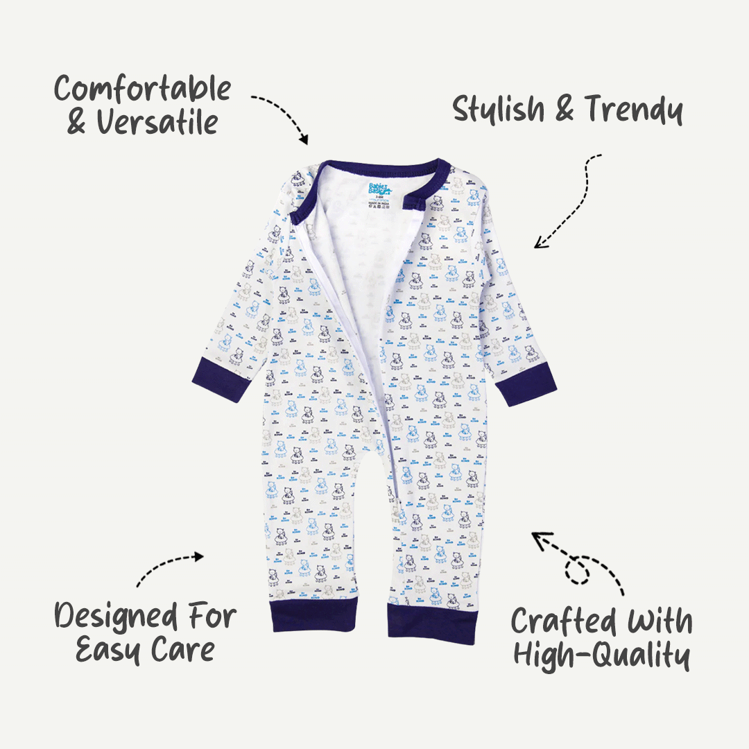 Babies Basic - Printed Cotton Long Sleeves Sleepsuit/Romper - Blue/White