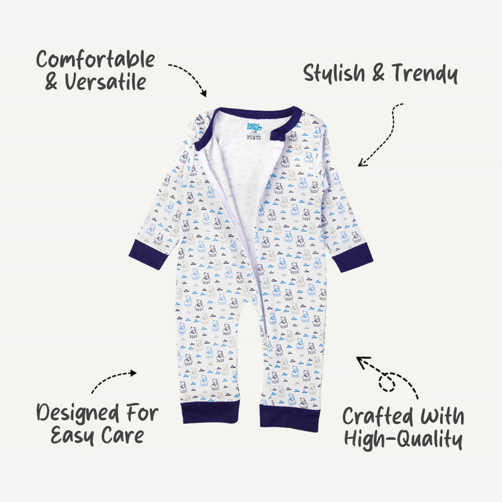 Babies Basic - Printed Cotton Long Sleeves Sleepsuit/Romper - Blue/White